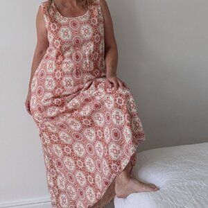 Coldwater Creek Linen Rust Cream Medallion Sleeveless Easy Comfy  Maxi Dress